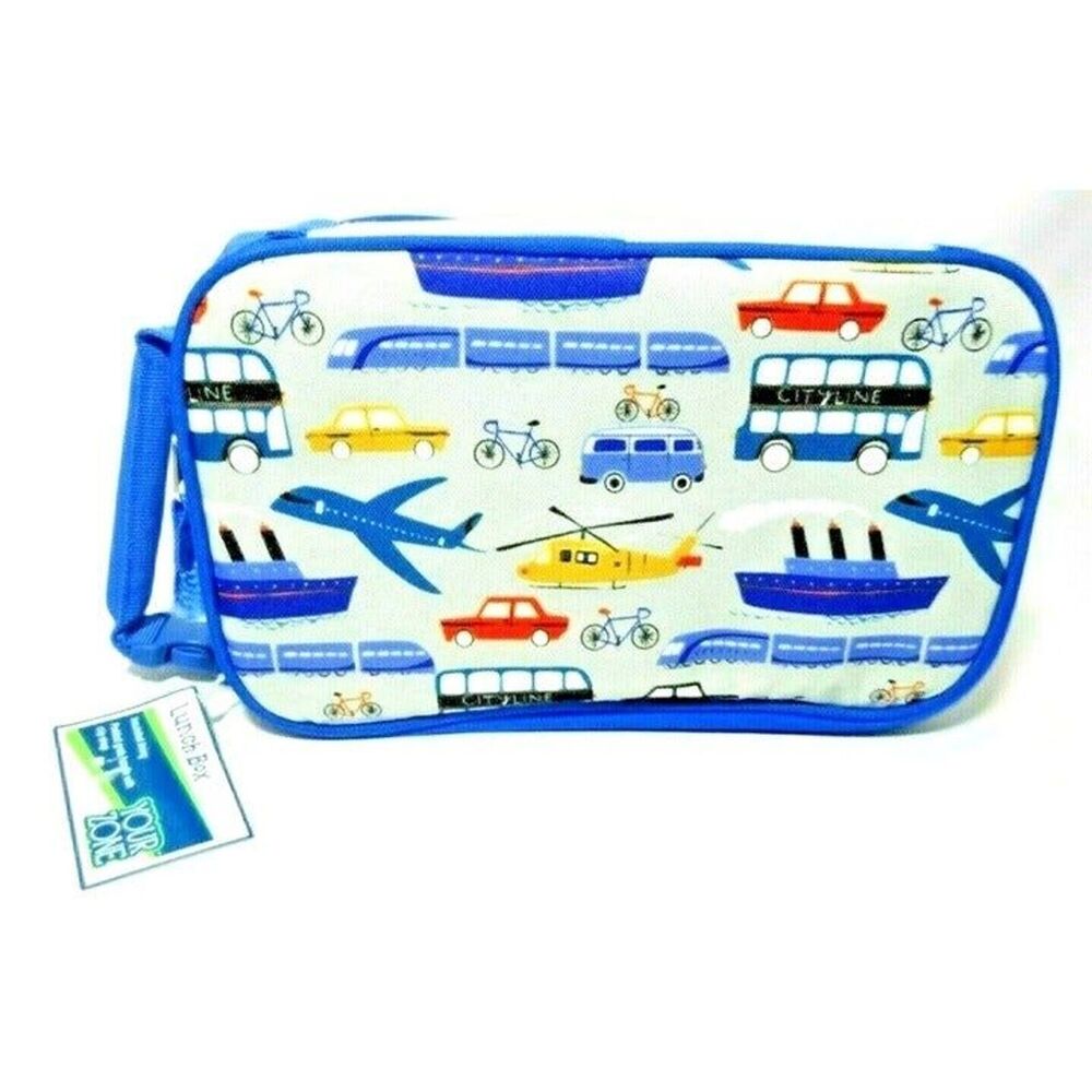 Cars Plane Trains Bike Insulated Lunch Box Strap Clip Silver Blue 10 x 6-in NEW
